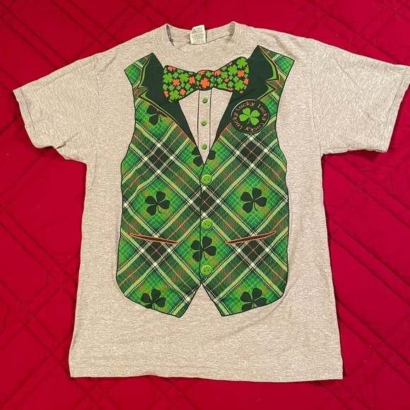 St. Patrick’s Day T-shirt with printed green plaid vest and bow tie on front  M - Picture 4 of 9